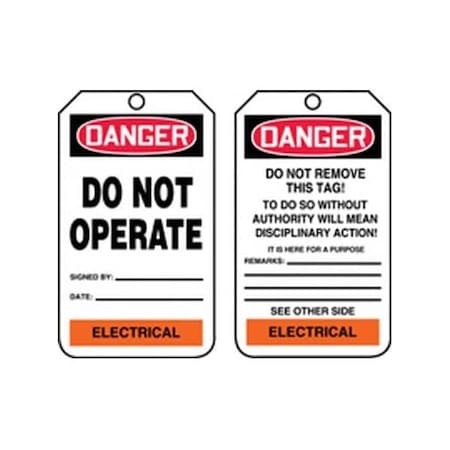 Accuform Safety Tags, DANGER DO NOT OPERATE ELECTRICAL, 5.75in x 3.25in, RP-Plastic, 25PK TPM104PTP